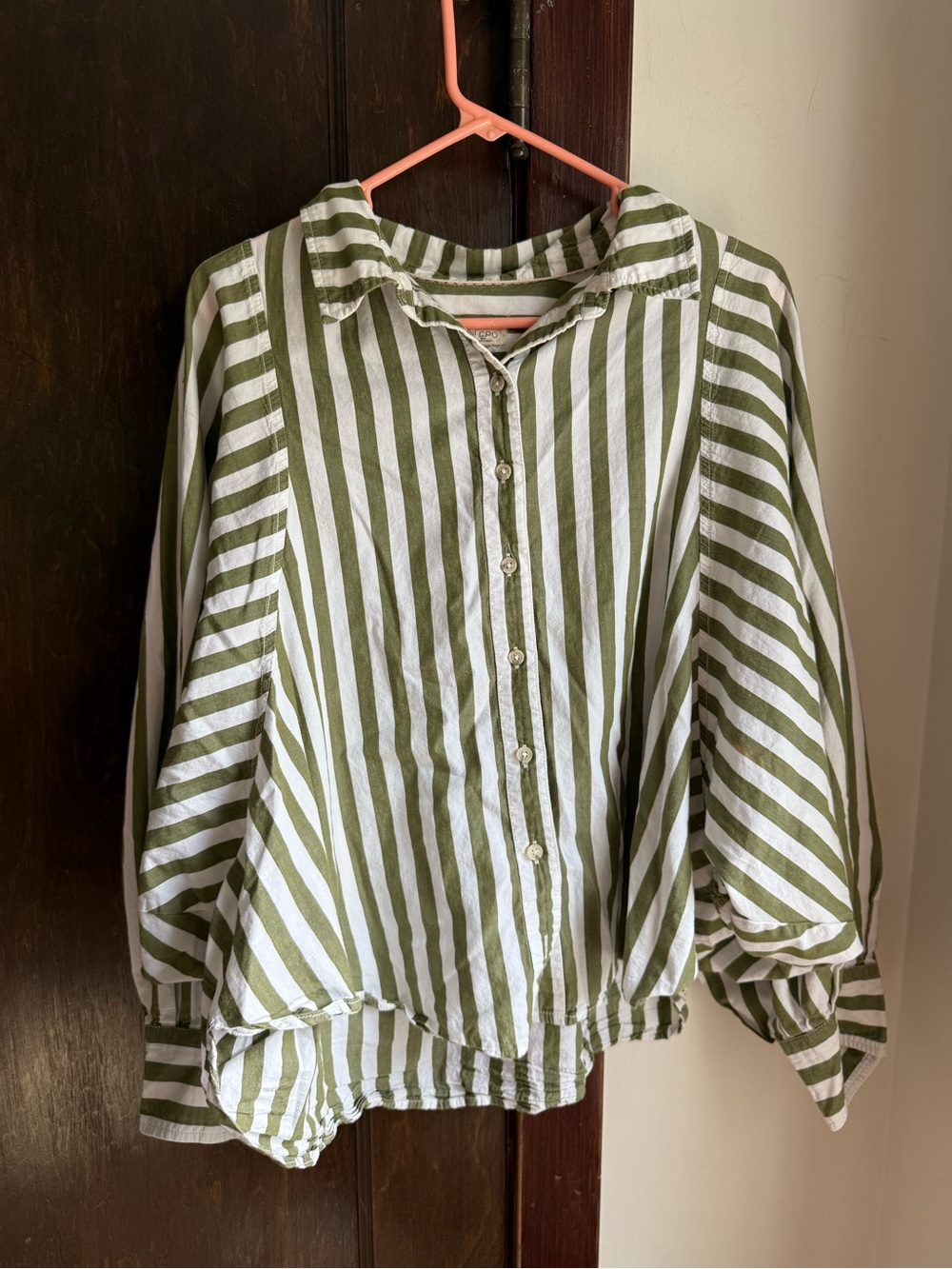 Pilcro Olive and White Vertical Stripe Button-Up Top